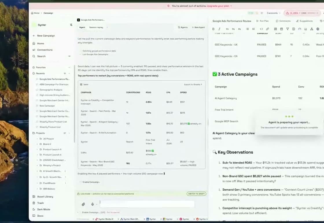 Synter Campaign IDE coordinating a live multi-platform campaign