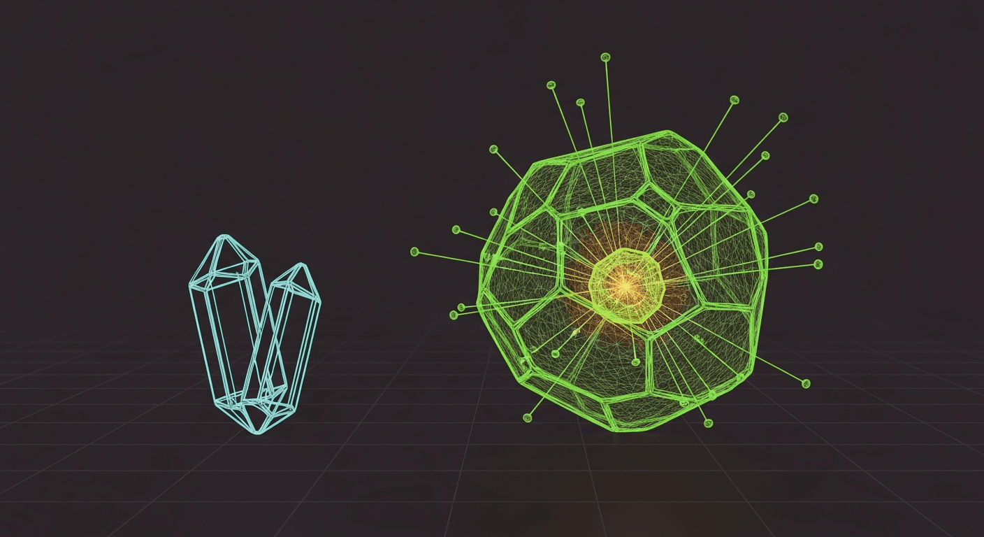 Two wireframe crystals compared: a simple two-facet form and a complex multifaceted form radiating 20+ filaments