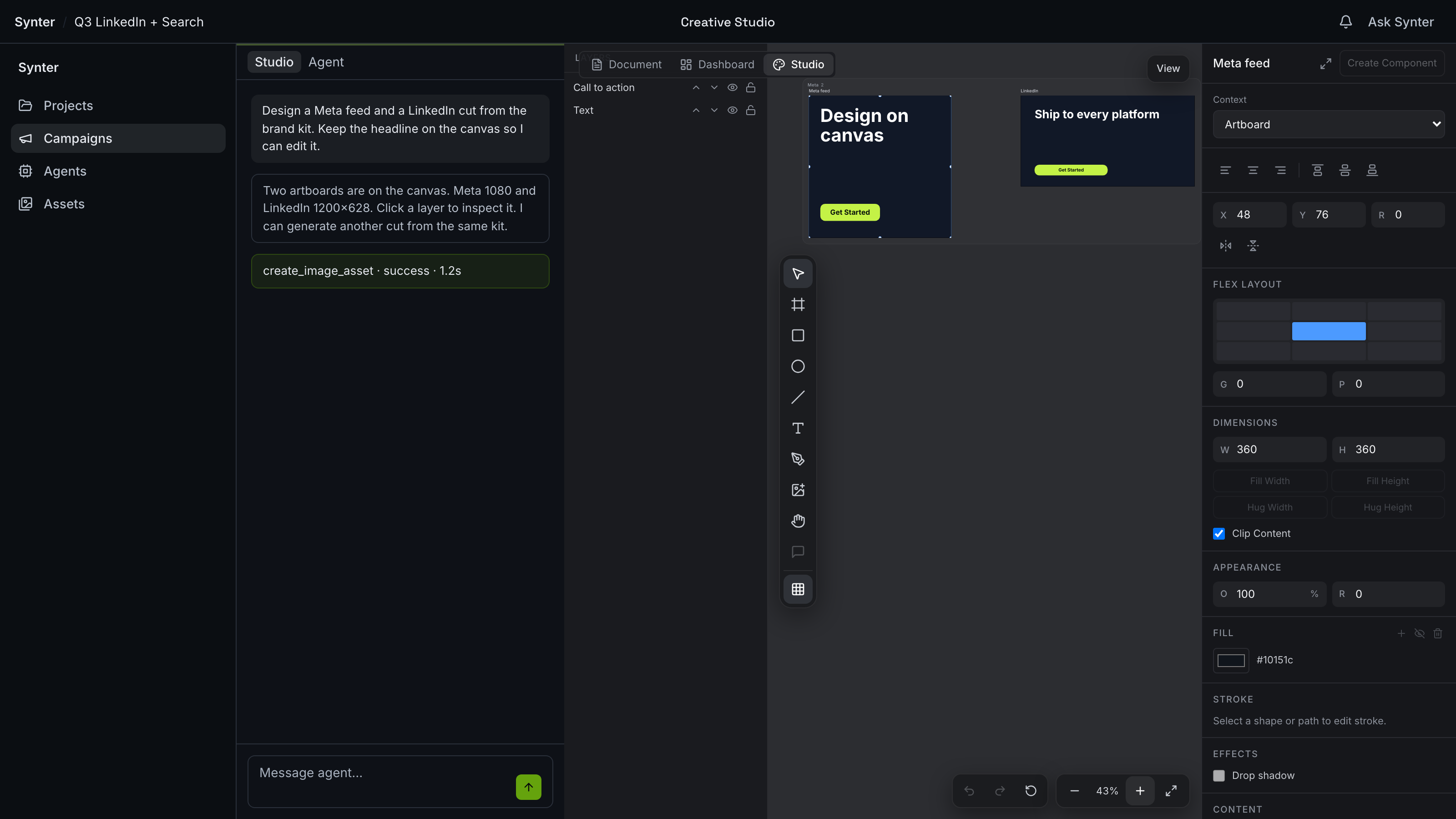 Synter Cloud Canvas in the Campaign IDE: a Meta 1080 artboard selected next to a LinkedIn 1200x628 artboard, a layers panel listing the call-to-action and text layers, the tool rail, and the inspector docked on the right showing position, dimensions, and fill